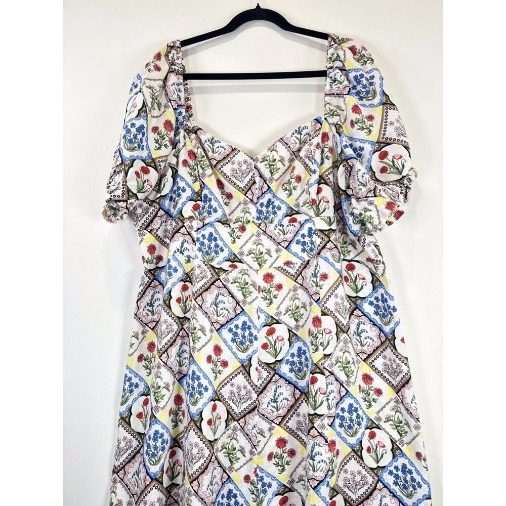 Boden Midi Dress Blue Sweetheart Linen Floral Patchwork Puff Sleeve Boho 20/22
